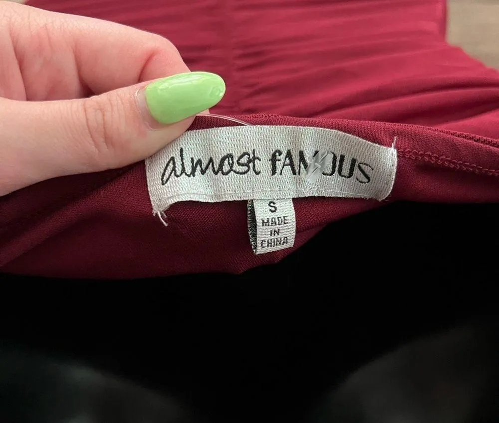 almost FAMOUS Cami Bustier Ruched Dress Juniors' Small Burgundy Spaghetti Strap - Image 5