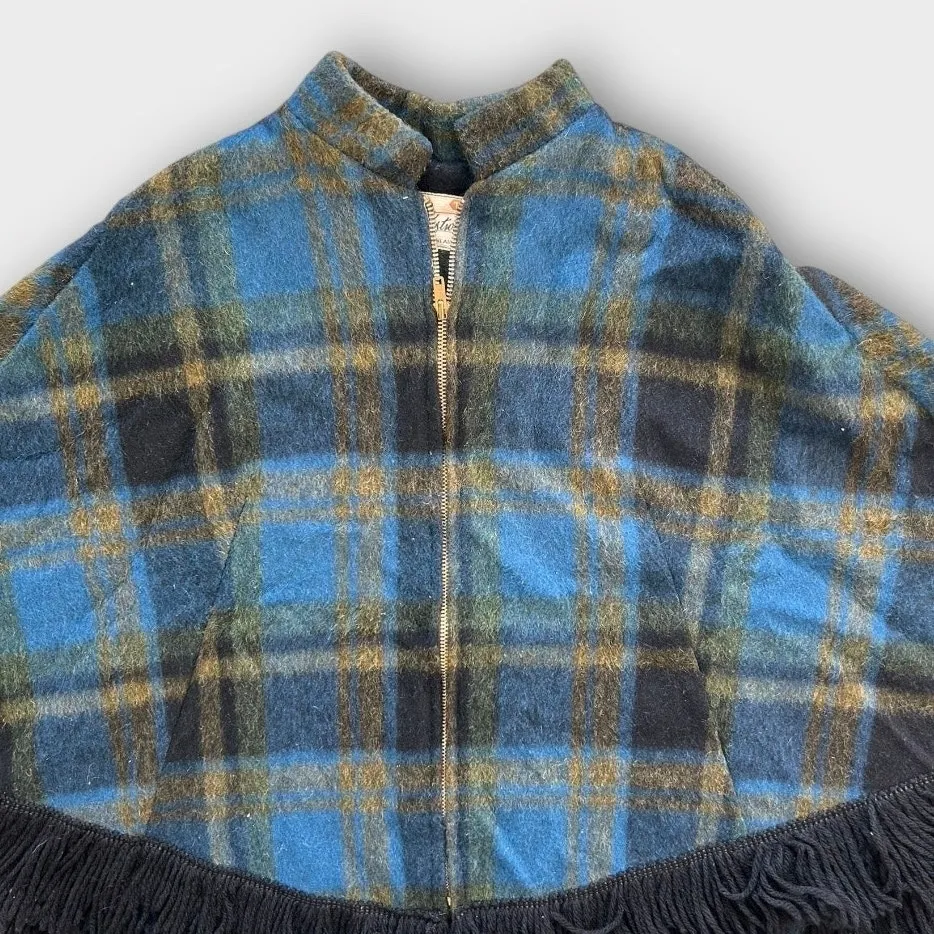 Vintage 70s Trego’s Westwear Plaid Wool Fringe Poncho Cape Blue | Size M Western Size M - Image 8