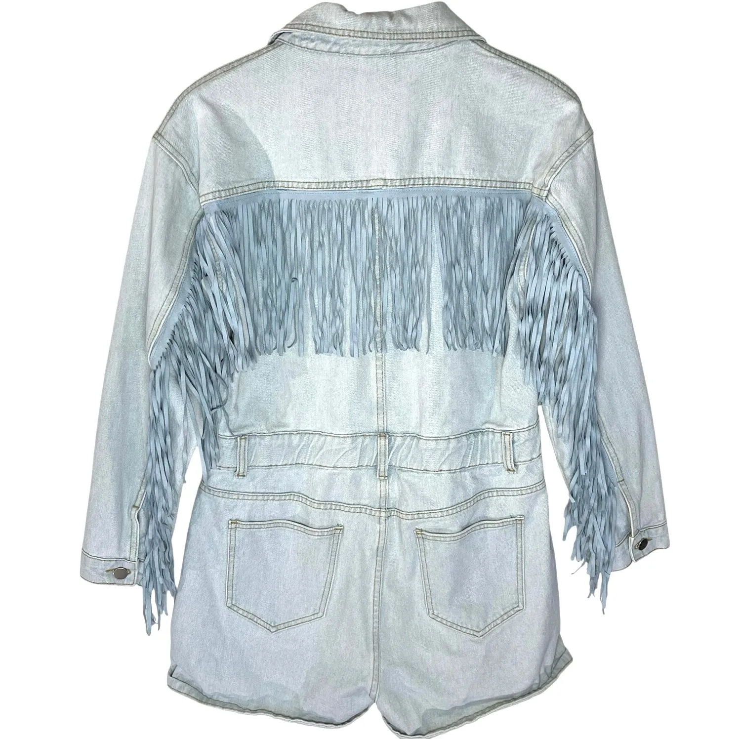 BAEVELY Women’s Western Fringed Light Wash Denim Romper Blue Size L - Image 4