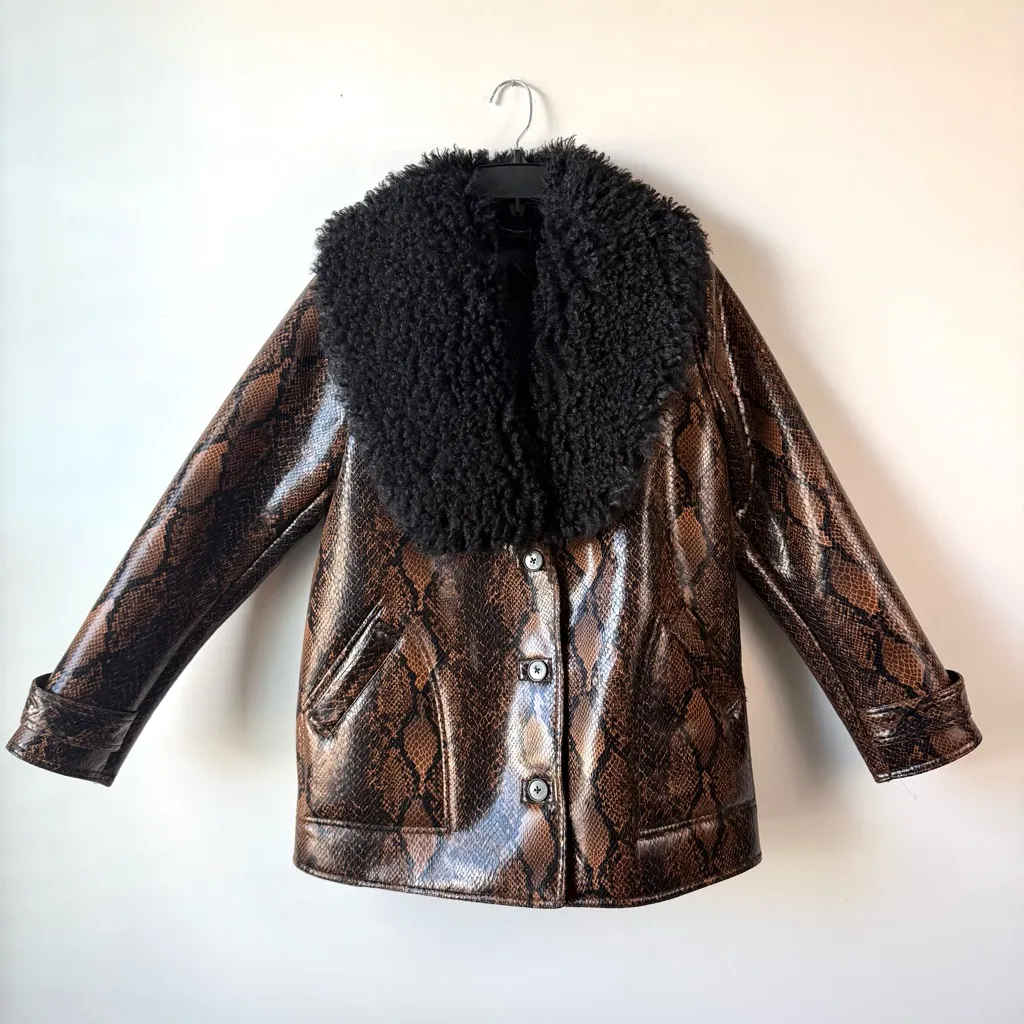Blanknyc Snakeskin Print Faux Leather Jacket Faux Fur Trim XS - Image 3