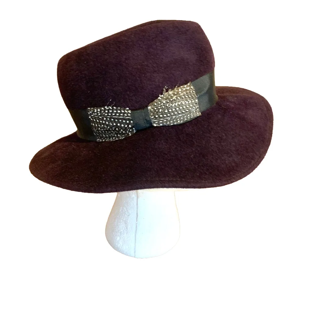 EGG CUP DESIGNS PURPLE W/BLACK RIBBON AND FEATHER BOW ACCENT WOOL FEDORA HAT - Image 4