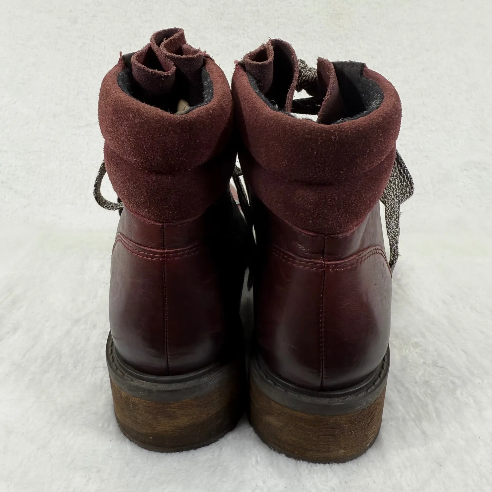 Burgundy‎ Leather Ankle Boots Women's Lace Up Heeled Booties Hiker Style Size 9 - Image 5