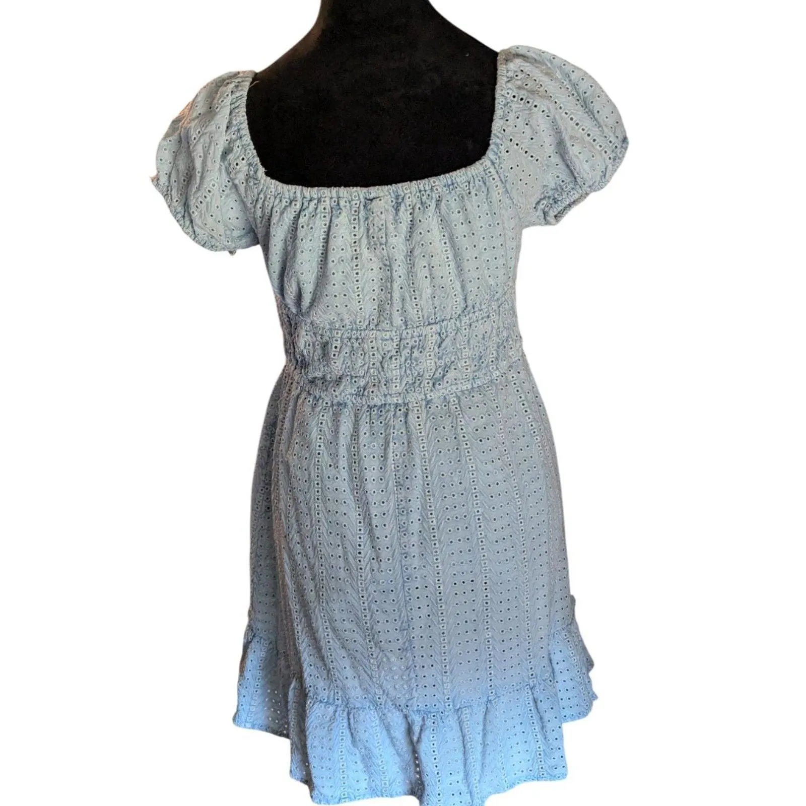 SIM & SAM Light Blue Eyelet Mini Dress Boho Cottagecore  M - Image 2
