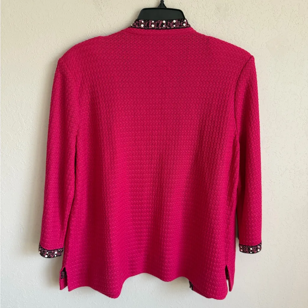 Misook Kiss-Front Pink Knit Black Pearl Trim 3/4 Sleeve Blazer Jacket Womens L - Image 7