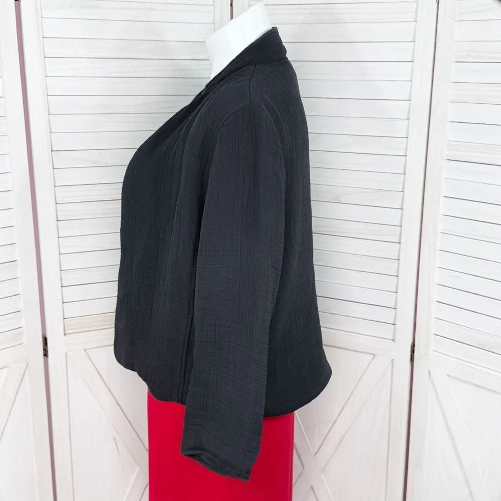 Chicos Textured Silk Mandarin Collar Open Front Bomber Jacket Black Large 12 - Image 2