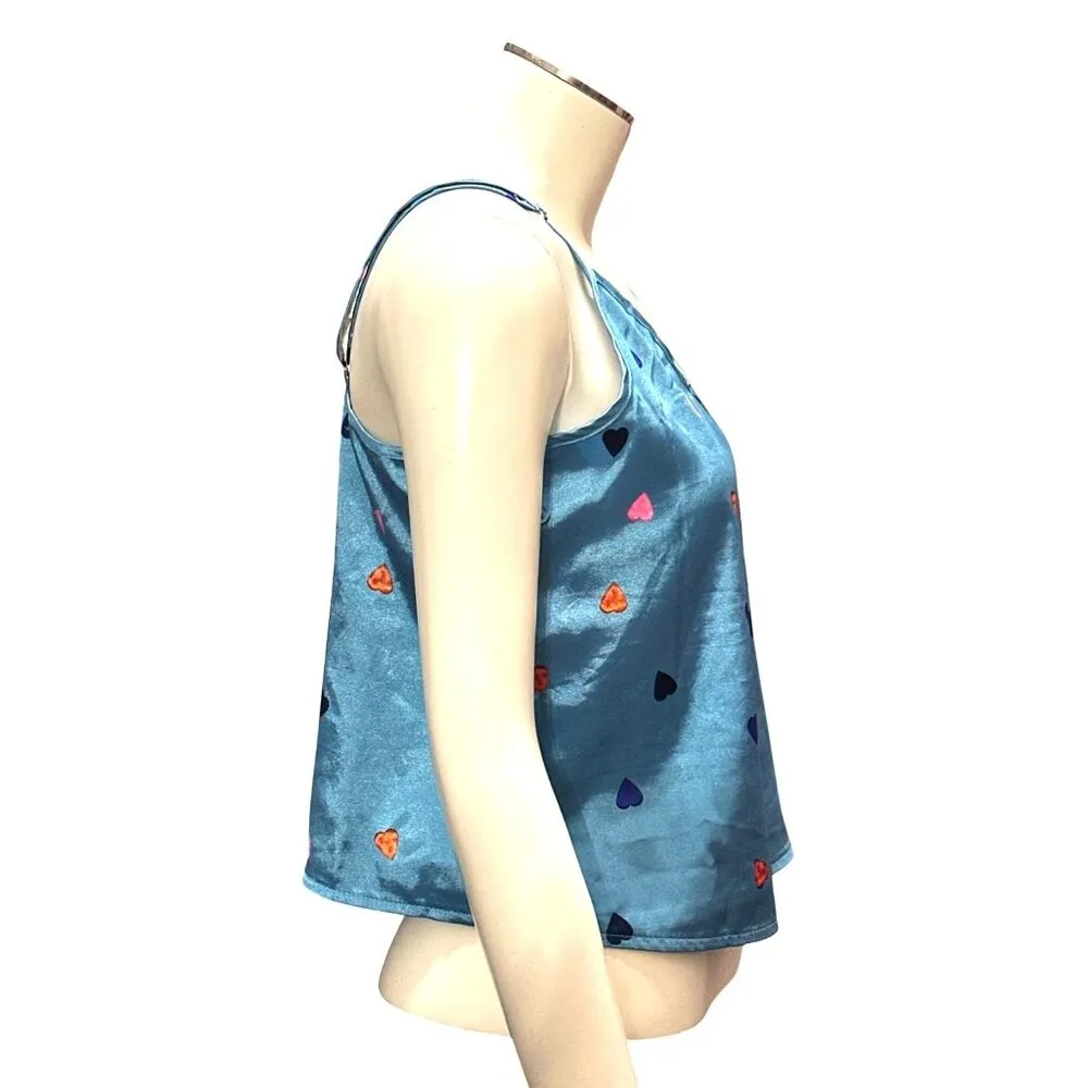 CCC Heart Pattern Satin Camisole Top Adjustable Spaghetti Straps Blue Size Mediu - Image 4