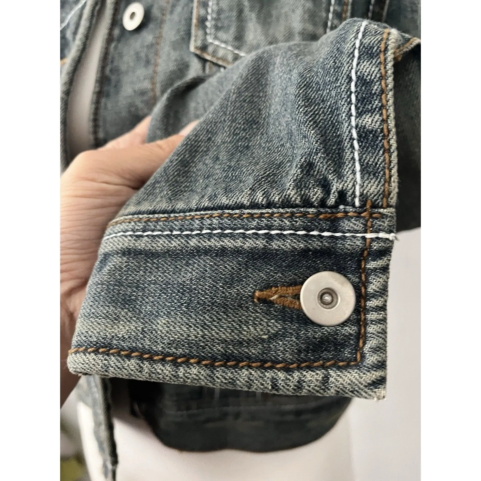 Y2k Double Edition Grunge Distressed Cropped Denim Jacket Size L Dark Blue Wash Size L - Image 9