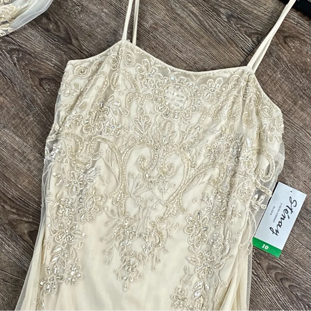 Vintage Stenay Maxi Dress 10 Cream Sheer Beaded Fairy Y2K Rayon Evening Gown - Image 6