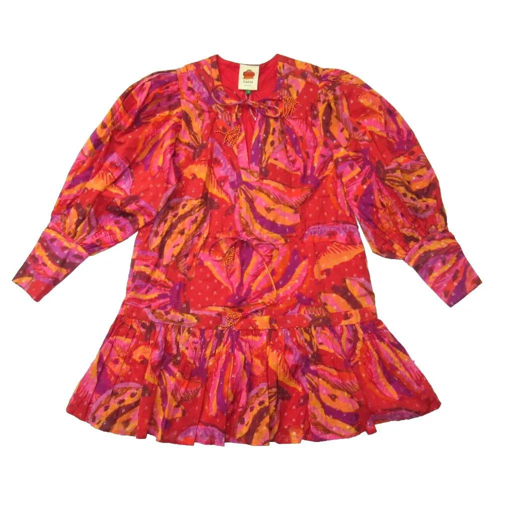 NWT FARM Rio Banana Juice Mini in Red Orange Puff Sleeve Cotton Dress S $195 - Image 2