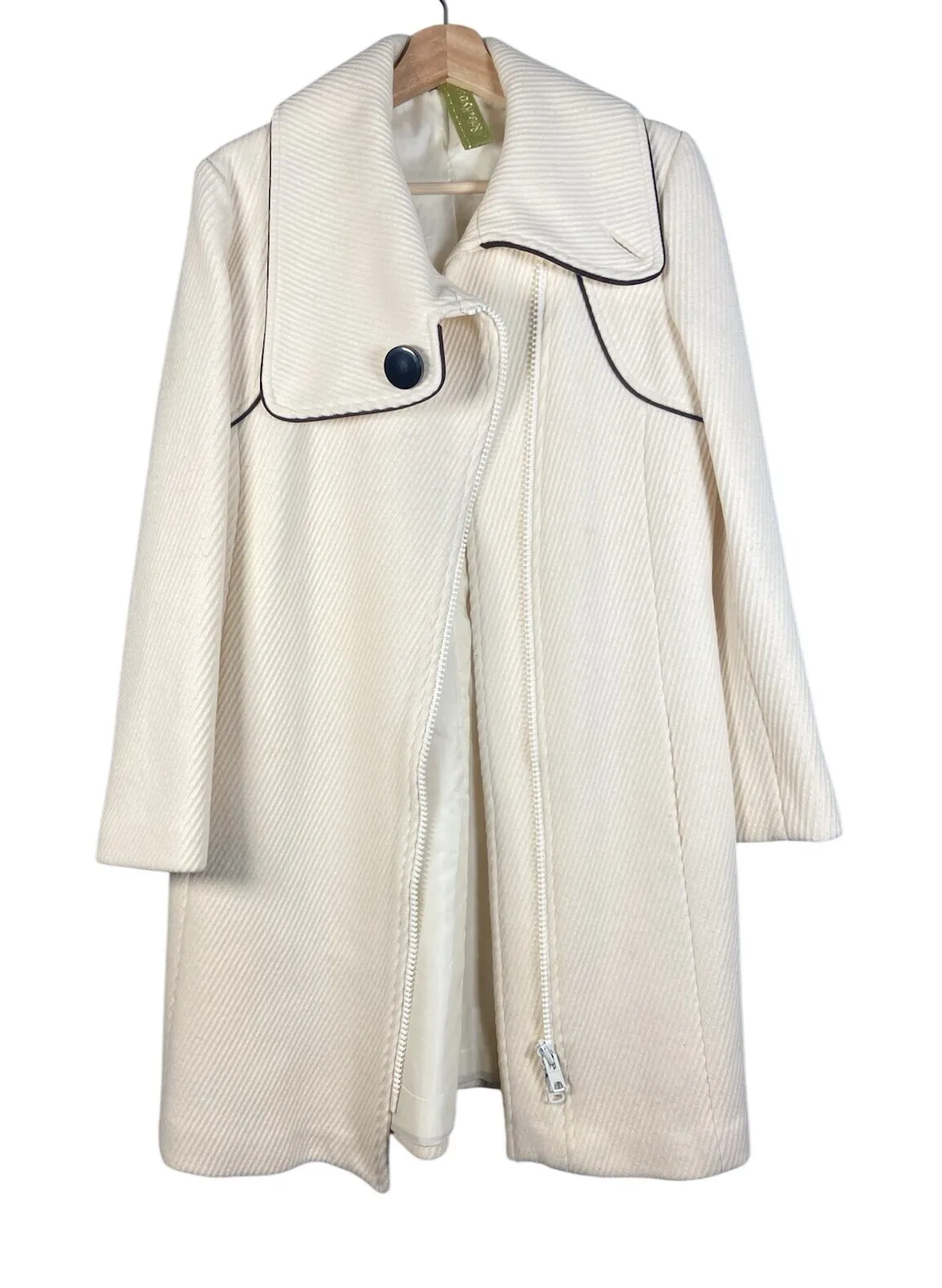 Wool Blend Cream Coat Asymmetrical Zip Front Black Trim Elegant Luxury Sz Large - Image 1