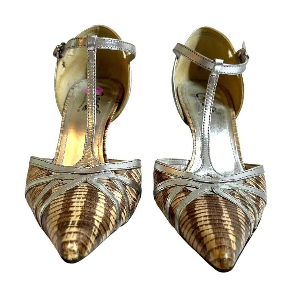 Carlos Santana Taupe and Silver T-Strap Revenge Heels Size 8 M Pointed Toe - Image 4
