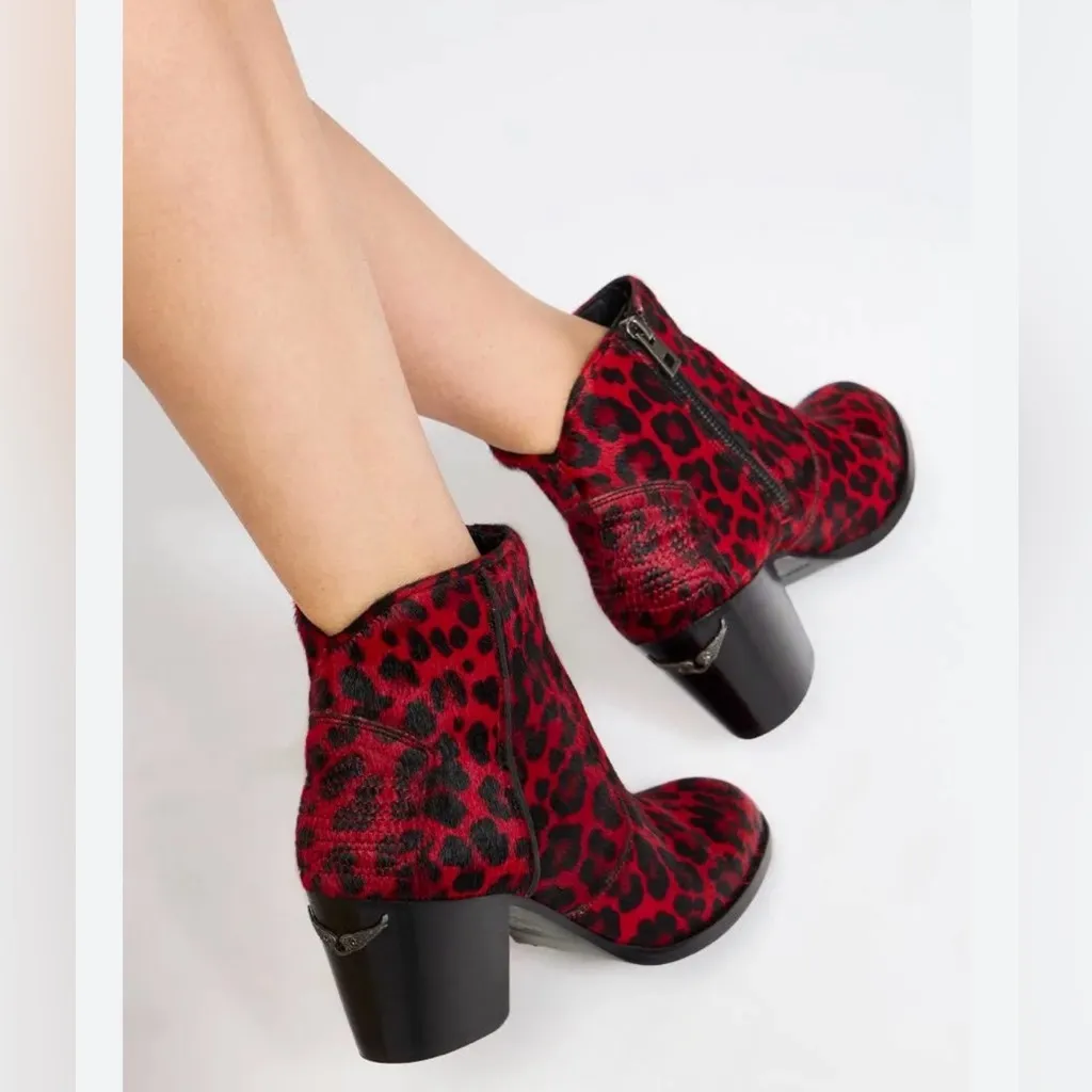 Zadig And Voltaire Molly Leopard Print Ankle Booties 36/5 Red Leather Edgy Chic - Image 5