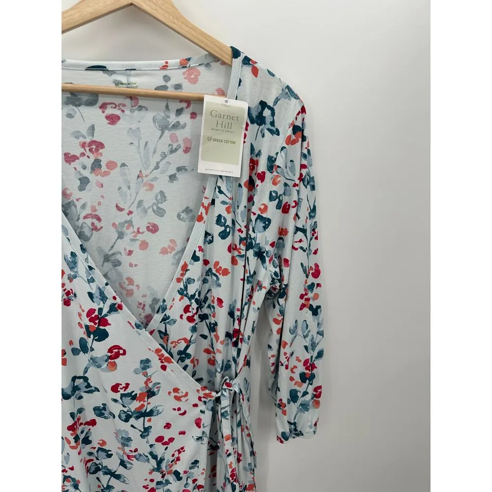 Green Cotton by Garnet Hill Blue Floral Wrap Front Dress Knee Length XL NWT - Image 4