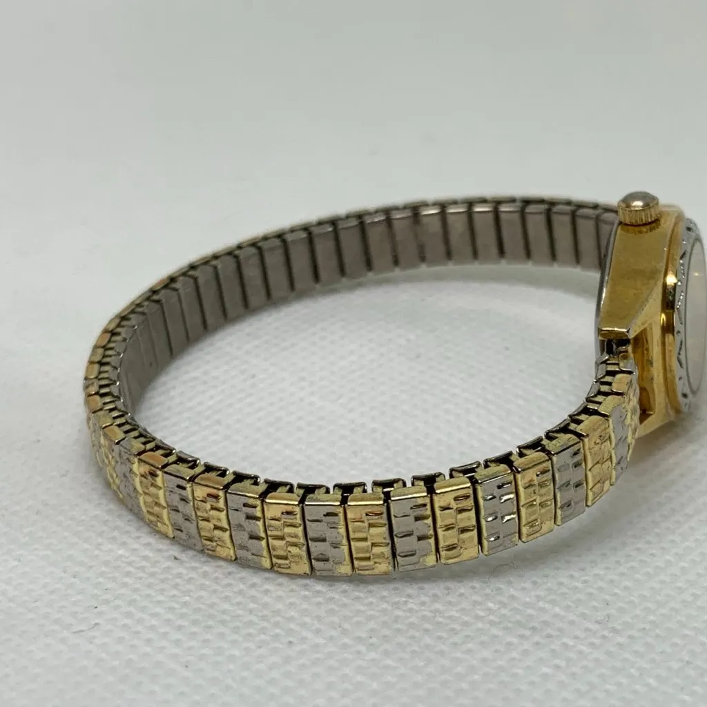 Women gold silver tone watch 20mm round case quartz analog stretch 6.5” running - Image 5