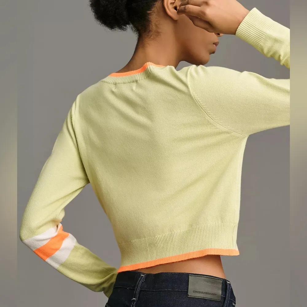 By Anthropologie Women’s Sporty Cardigan Sweater Light Green Neon Orange Stripe - Image 6
