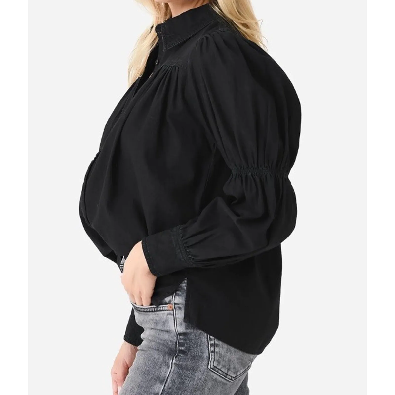 Cleobella Blakely Blouse M Black Puff Sleeve Button Down Boho Cotton Top - Image 2