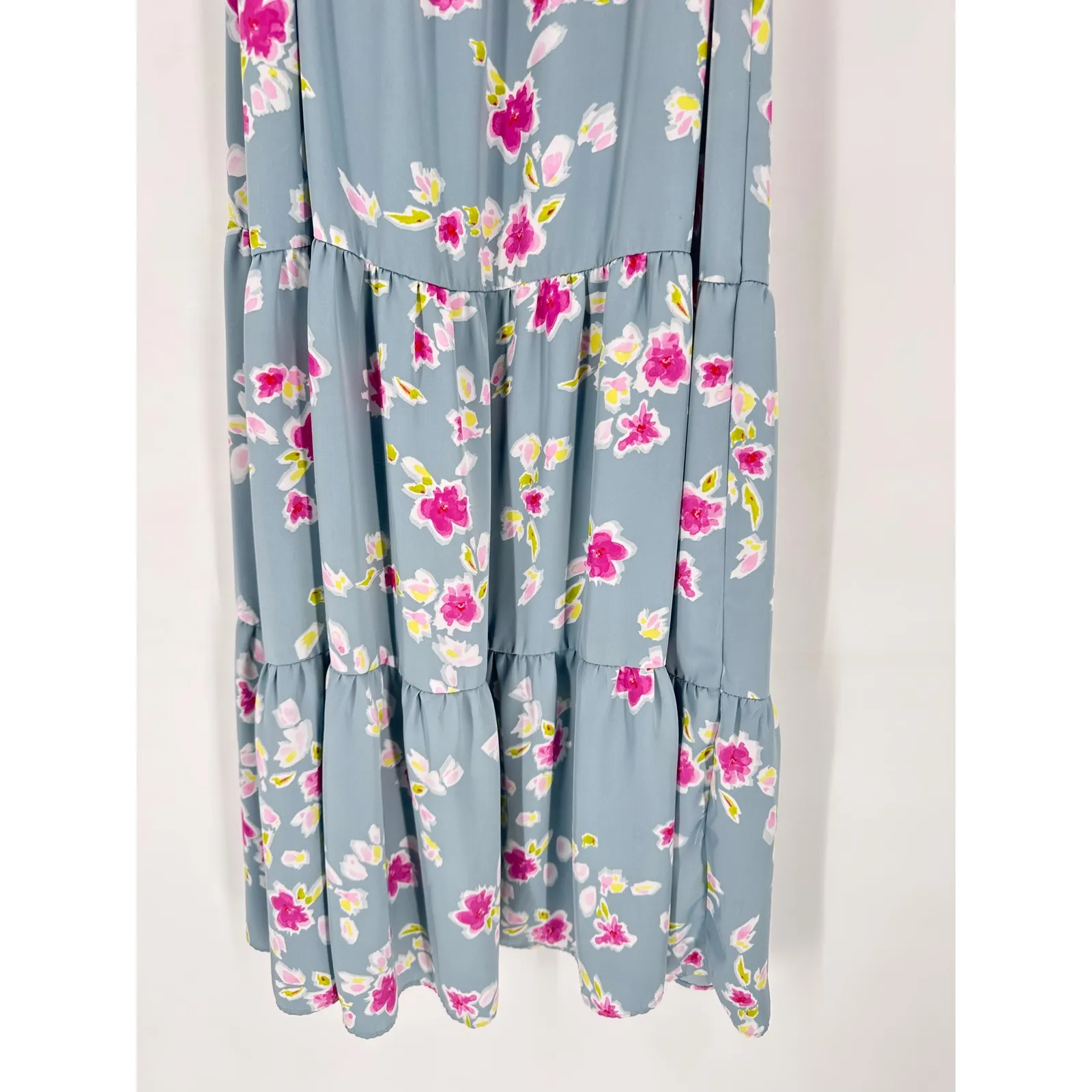 ZARA Tiered Floral Maxi Dress Square Neck Tie Shoulder Blue Pink Size L - Image 6