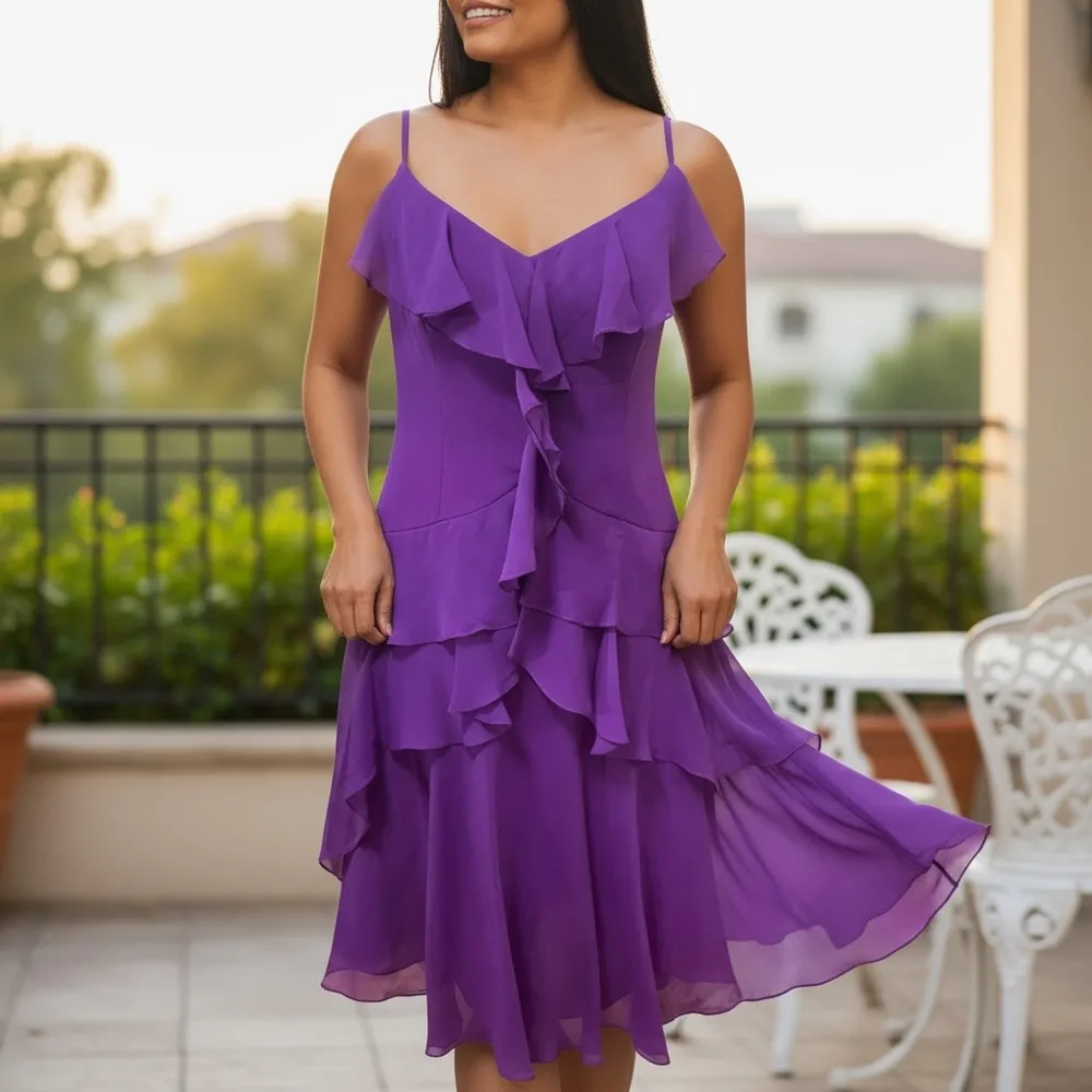 Spenser Jeremy 100% Silk Purple Ruffle Midi Dress Women’s Sz. 8, 90’s, Y2K, VTG - Image 3