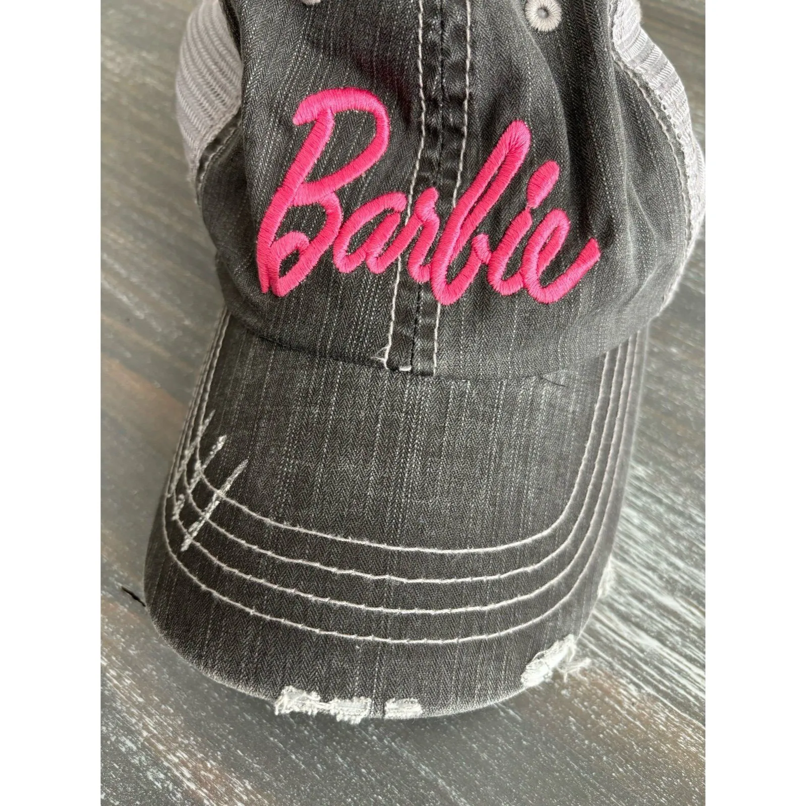 BARBIE Adult Adjustable Hat Cap Gray Embroidered Pink‎ Barbie Logo NWOT Pink - Image 4