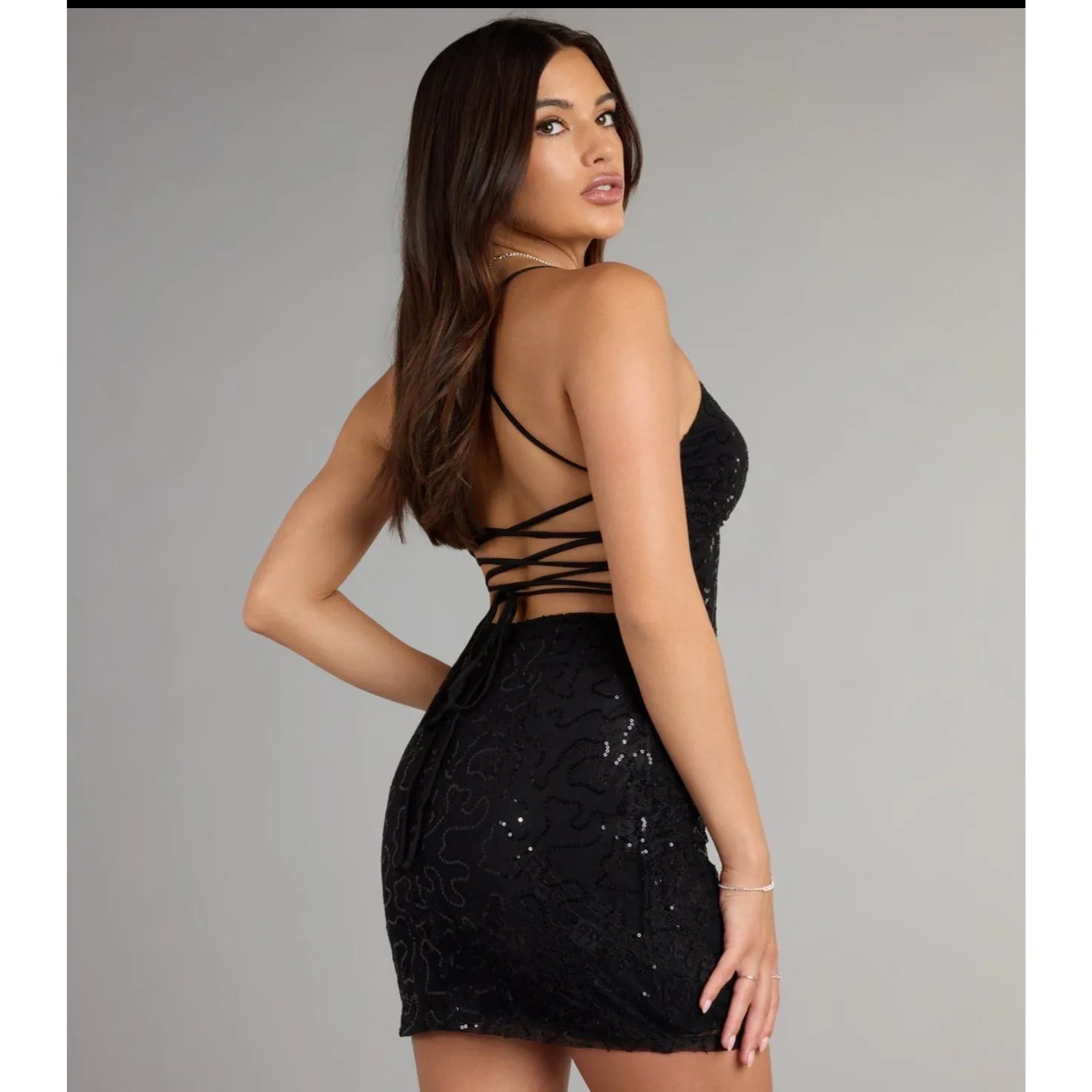 Starlit Nights Lace Sequin Lace Up Mini Black Homecoming Formal Dress XS NEW - Image 2