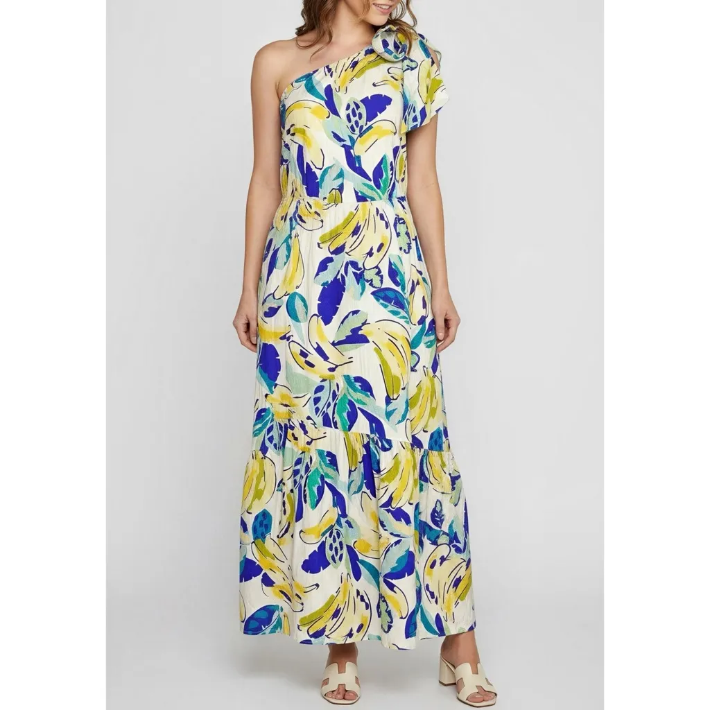 ANTHROPOLOGIE One Shoulder Bow Banana Print Maxi Dress, Yellow, Small - Image 2