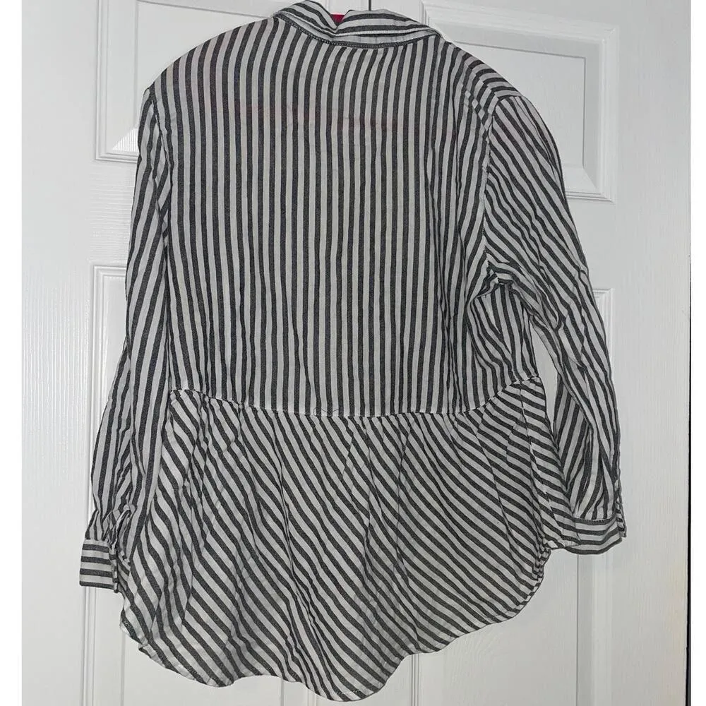 Love Notes Long Sleeved Striped Charcoal White Blouse Large Casual Coastal - Image 5