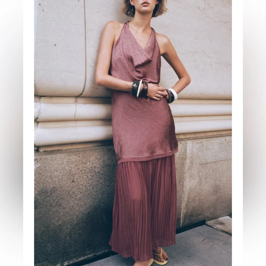 Zara NWT flowy halter cowl neck pleated combination drop waist midi dress - Image 3