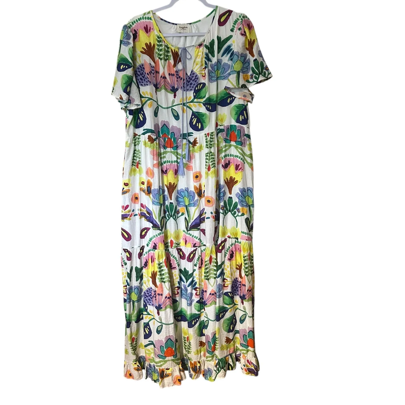 Hayden Los Angeles Maxi Dress Watercolor Floral Lined 1XL Tiered Tassel Boho White Size 1X - Image 2