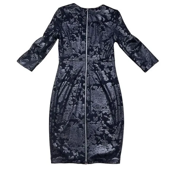Belle Badgley Mischka Black Metallic Jacquard Long Sleeve Midi Hillary Dress 6 - Image 5