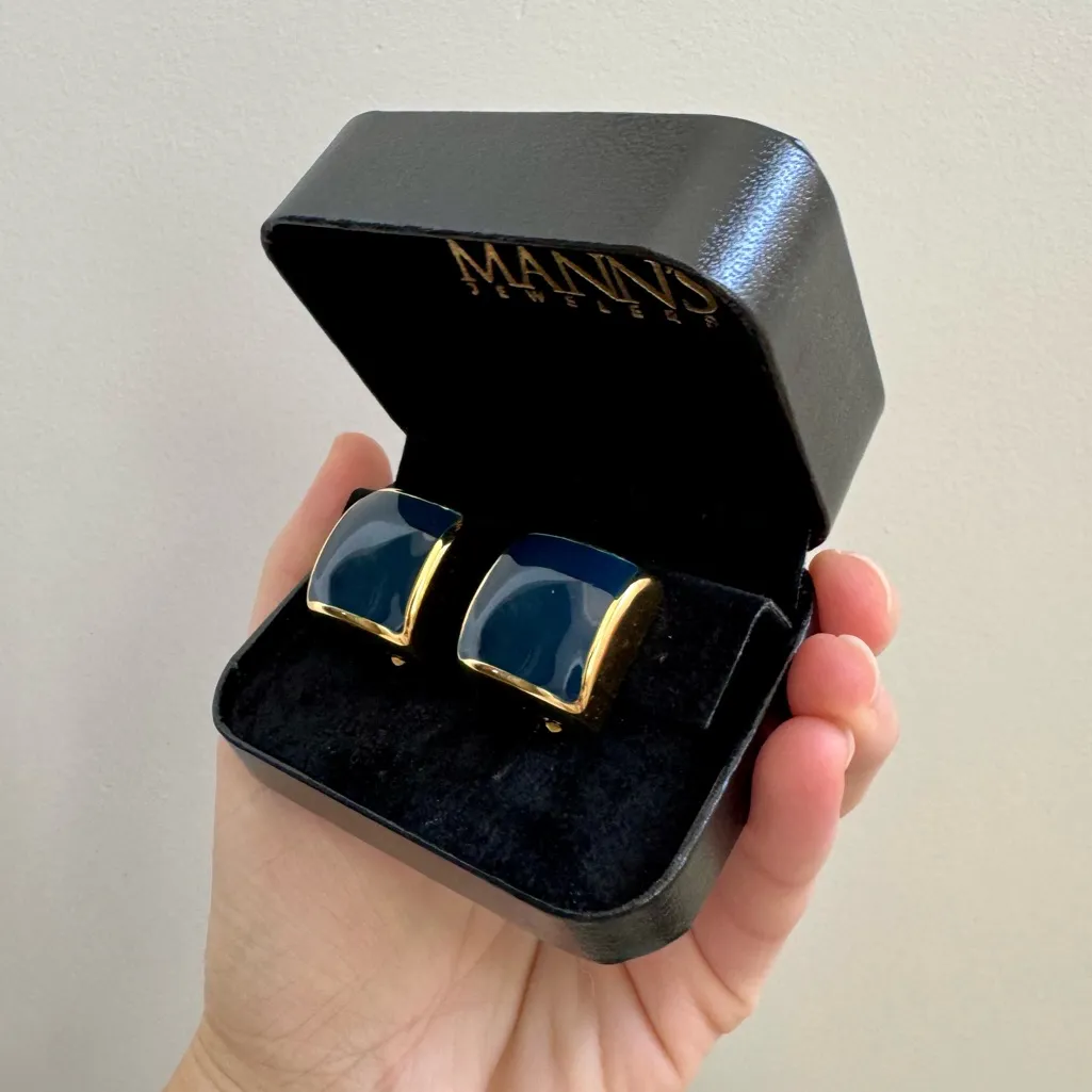Vintage 80s M.Jent Gold & Navy Enamel Square Fashion Clip - Image 7