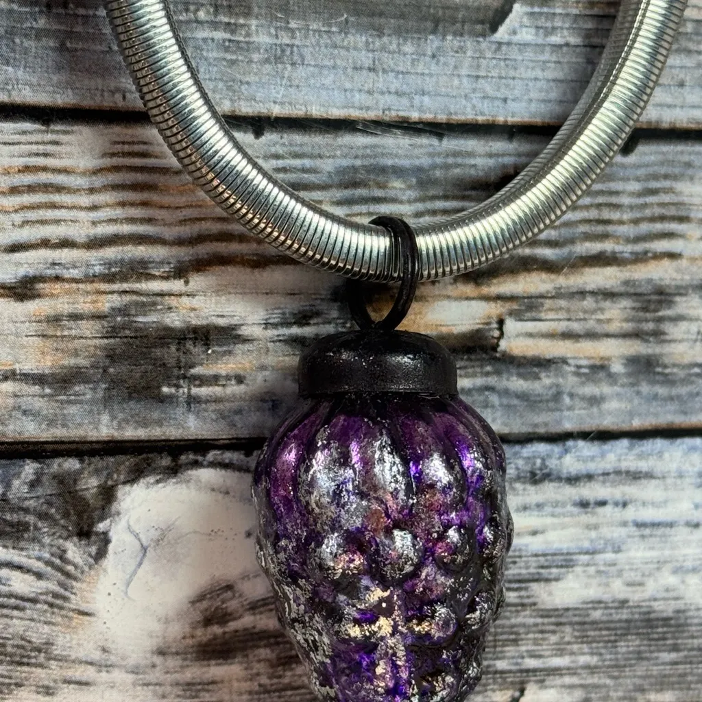 Artisan Silver Necklace with Purple Grape Vintage Ornament Pendant - Image 5