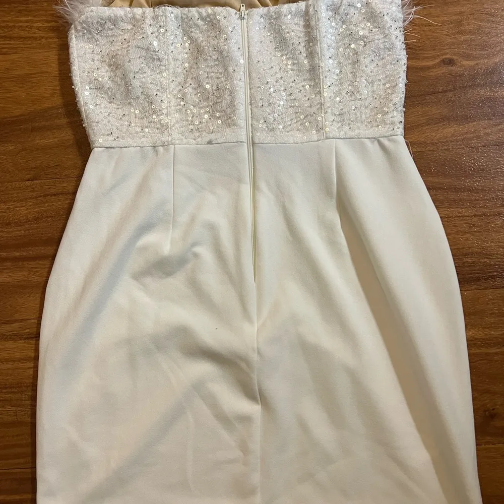 White Strapless Sequin Dress with Feather Trim - Image 2