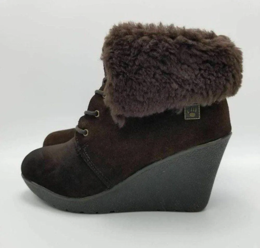 BEARPAW Flatiron Sheepskin Leather Suede Wedge Boots Brown Size 7 - Image 2