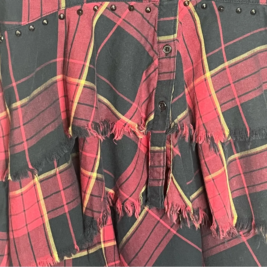 Belle Vere Sz M Plaid Frayed High Low Button Up Top Studded Waist Red Black - Image 6