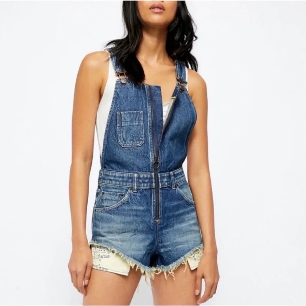 Free People Sunkissed Denim Short‎ Overalls Zip Front Jean Shortalls NEW Size 25 - Image 9