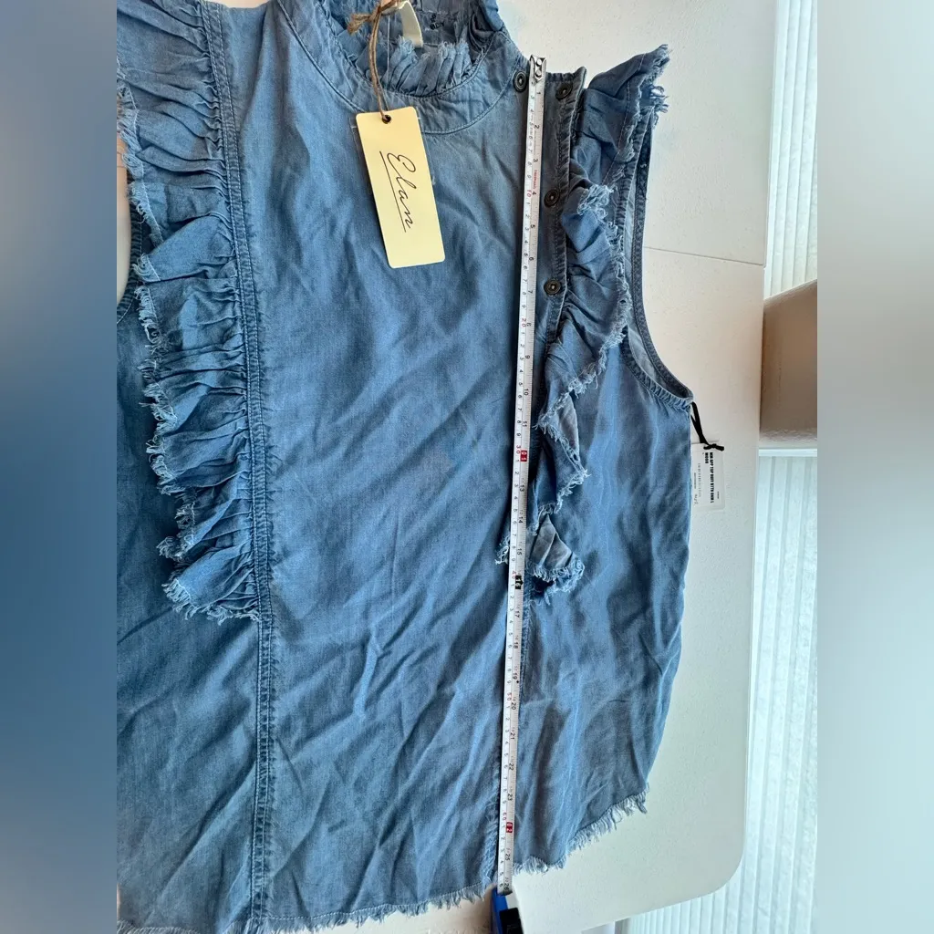 NWT Elan Denim Ruffle Sleeve Top Size Large - Image 6