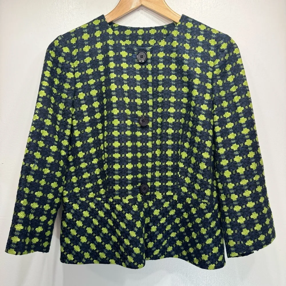 Blue Lime Green Woven Silk Blend Boucle Tweed Tailored Peplum Jacket Austin Reed Size 10 - Image 5
