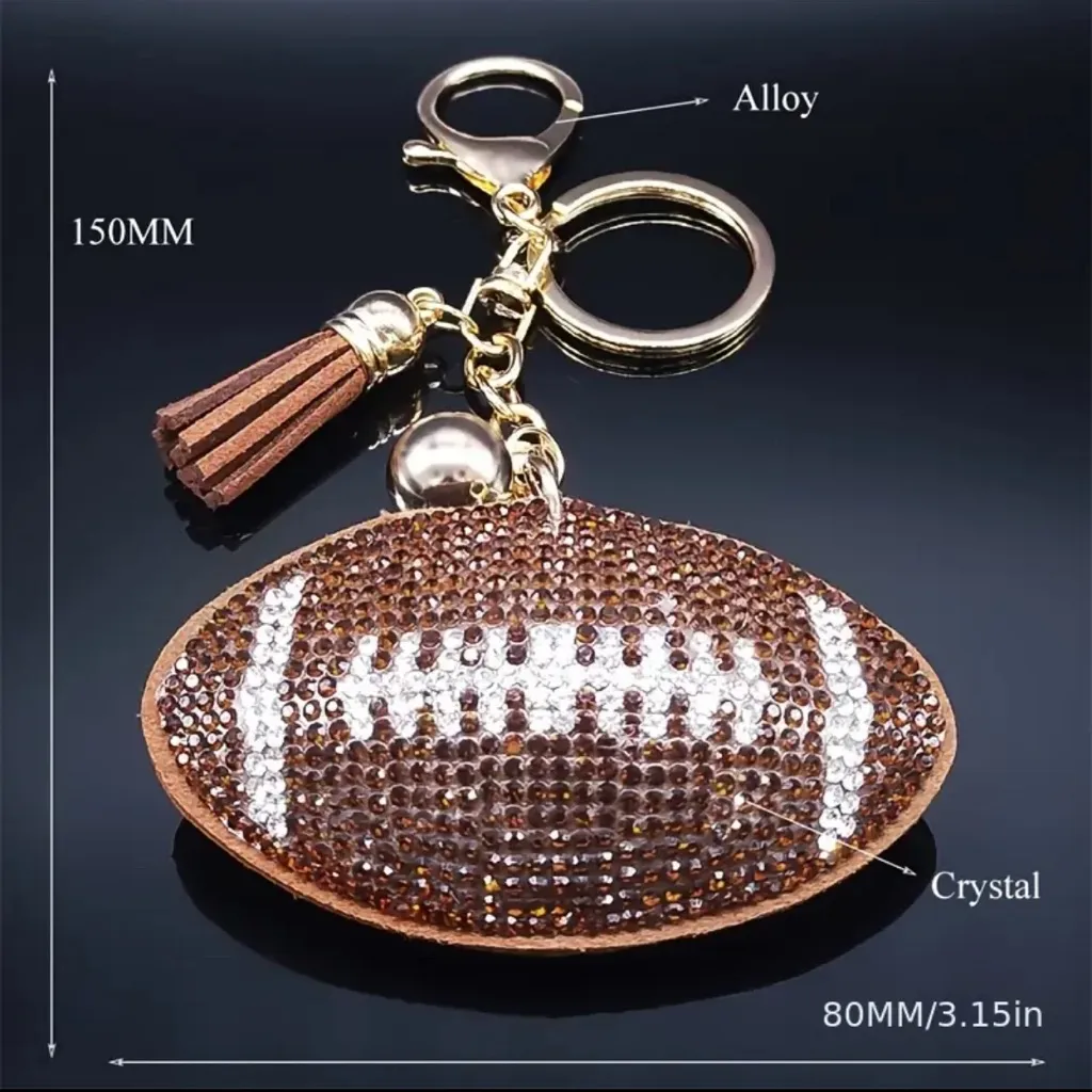 Football Keychain Rhinestone Purse Charm with tassel Brown - Image 3