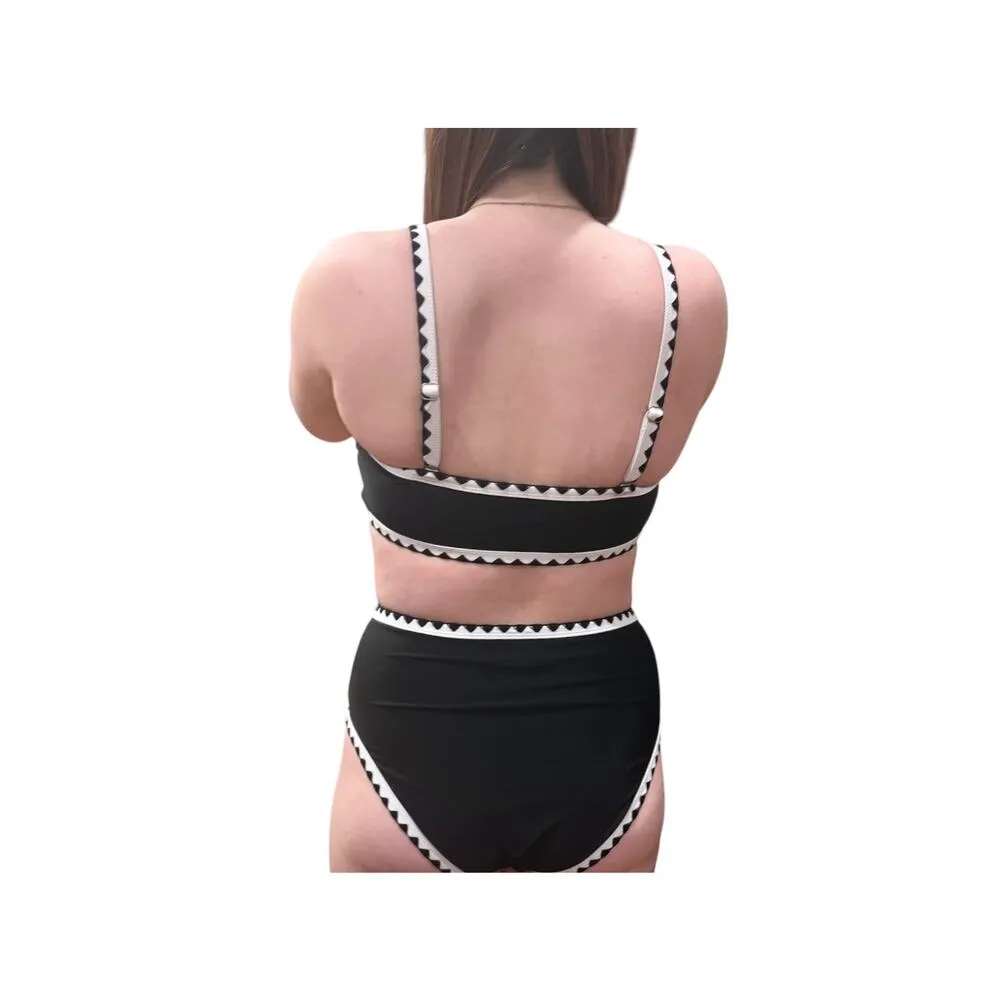 NEW Herseas SWIMSUIT Womens SM Bikini Black White Whip Stitch 2 Piece High Waist - Image 9