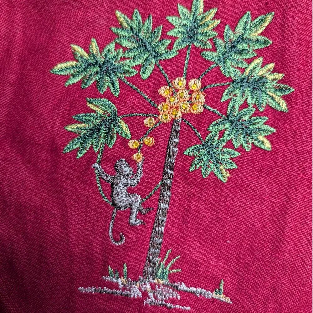 Vtg 1990s Ultra Dress Red Linen Monkey Coconut Tree Embroidered Button Up Top 6 - Image 3