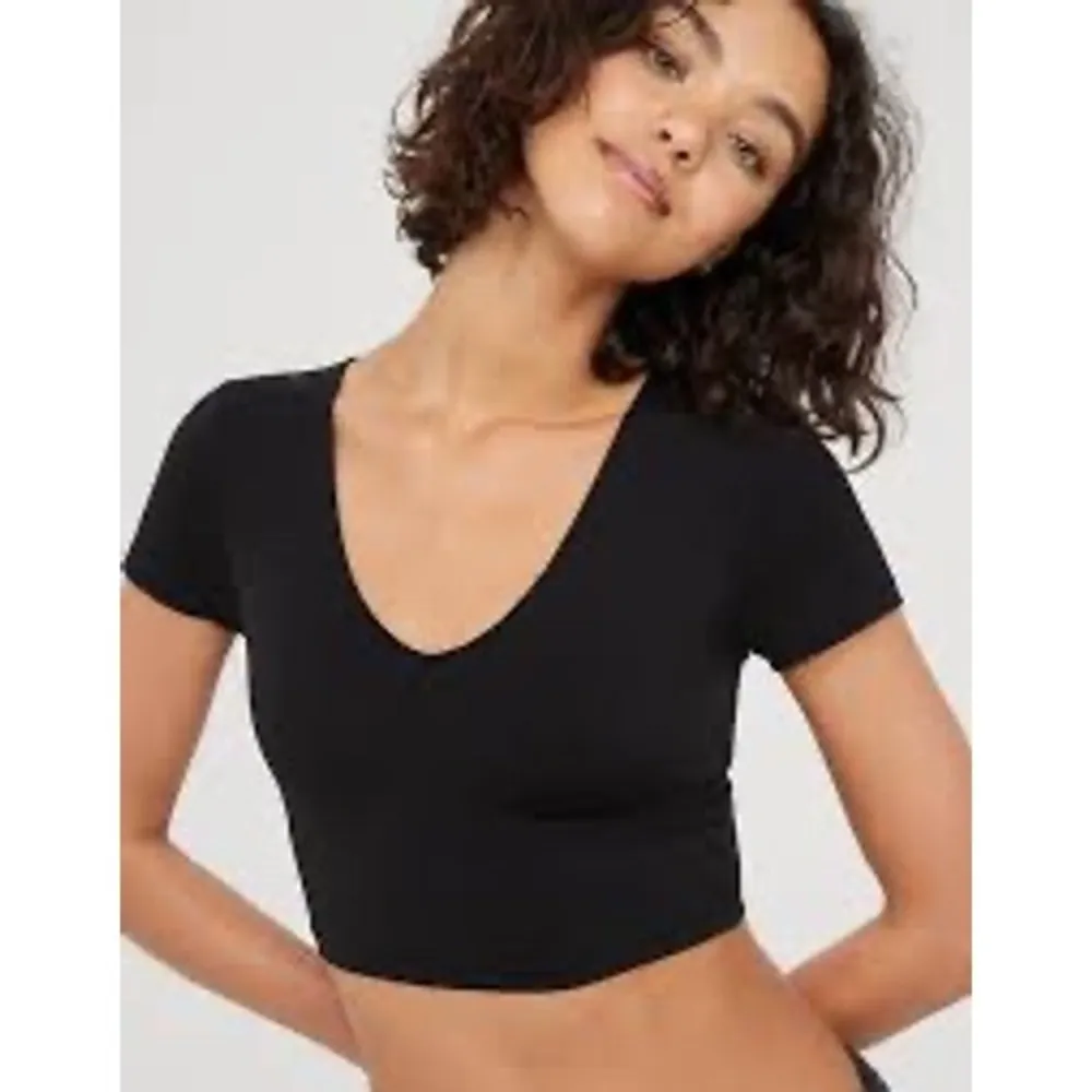 ✨Aerie Offline Navy Blue Seamless V Neck Cropped Tee Shirt Workout Women's Sz L - Image 4