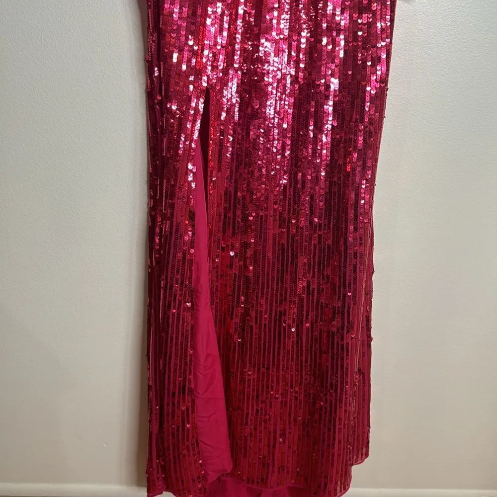 Mac Duggal SPAGHETTI STRAP V-NECK SLIP GOWN in lipstick sequins dress size 6 - Image 6