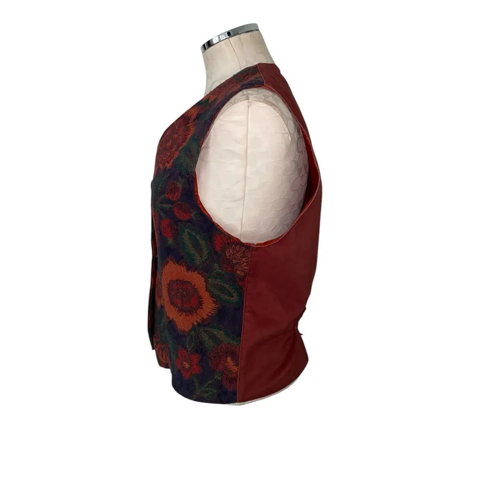 Vintage Ruff Hewn Floral Tapestry Sleeveless Rust Red Vest Waistcoat Size Medium - Image 3