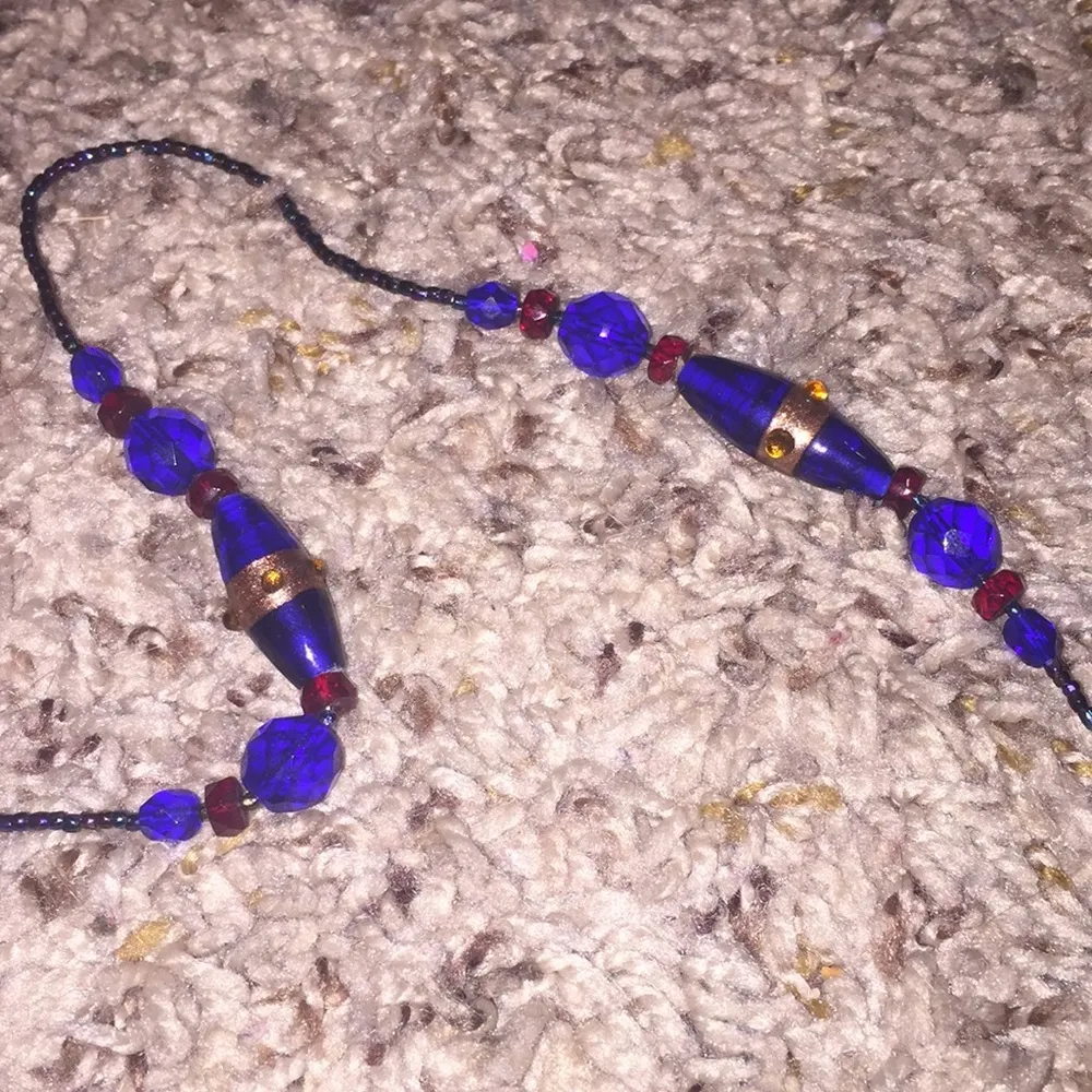 Blue Red & Gold Glass Flapper Bead Necklace - Image 4