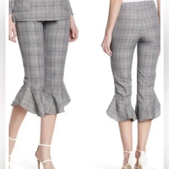 RO&DE Gingham Plaid Check Pants Ruffle Flared Hem Cropped Womens‎ Size XS Gray - Image 2