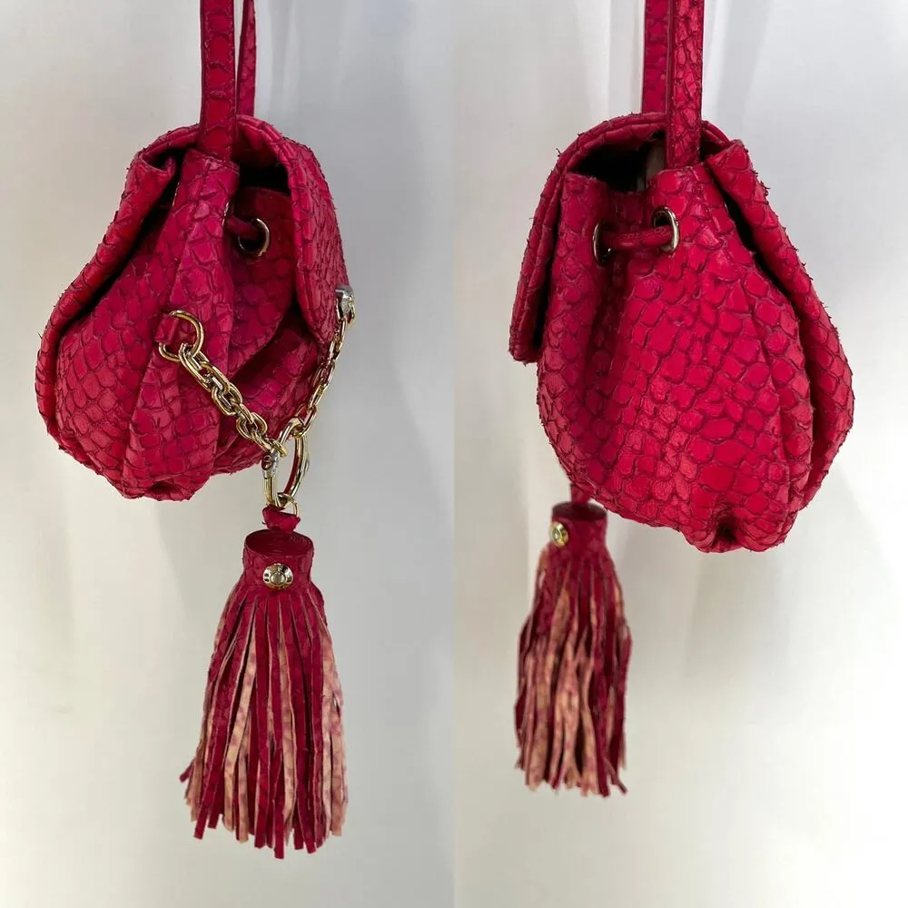Henri Bendel Small Drawstring Bucket Crossbody Tassel Fish Leather Emboss Pink - Image 7