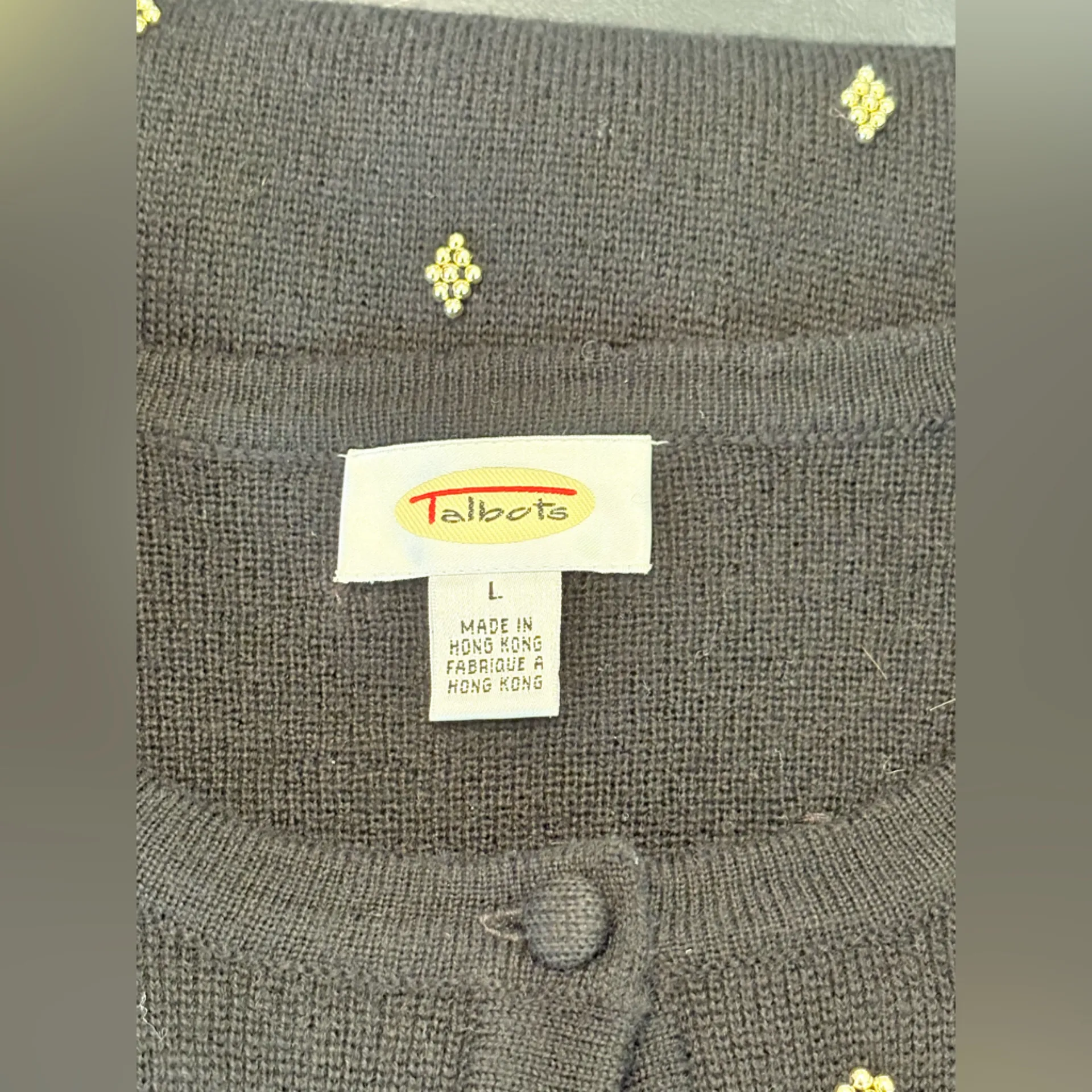 Talbots Merino Wool Black Button Cardigan with Gold Beaded Embellishments size L - Image 6