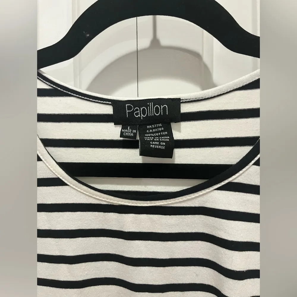 Papillon Black and White Striped Peplum Tie Front Top Alt to Rag and Bone Size L - Image 2