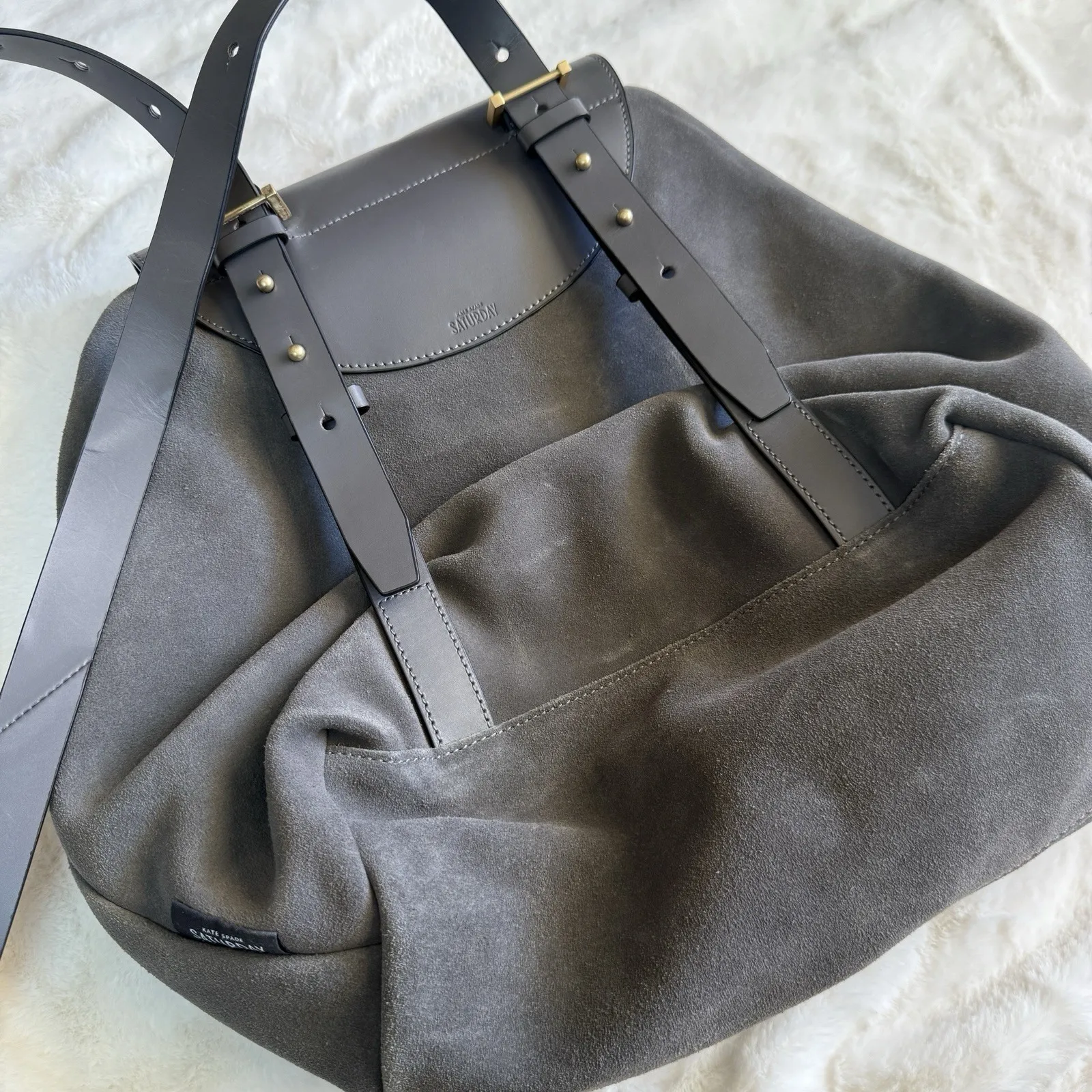 Kate Spade Saturday Gray Suede Leather Backpack Purse Minimalist Modern Chic - Image 4