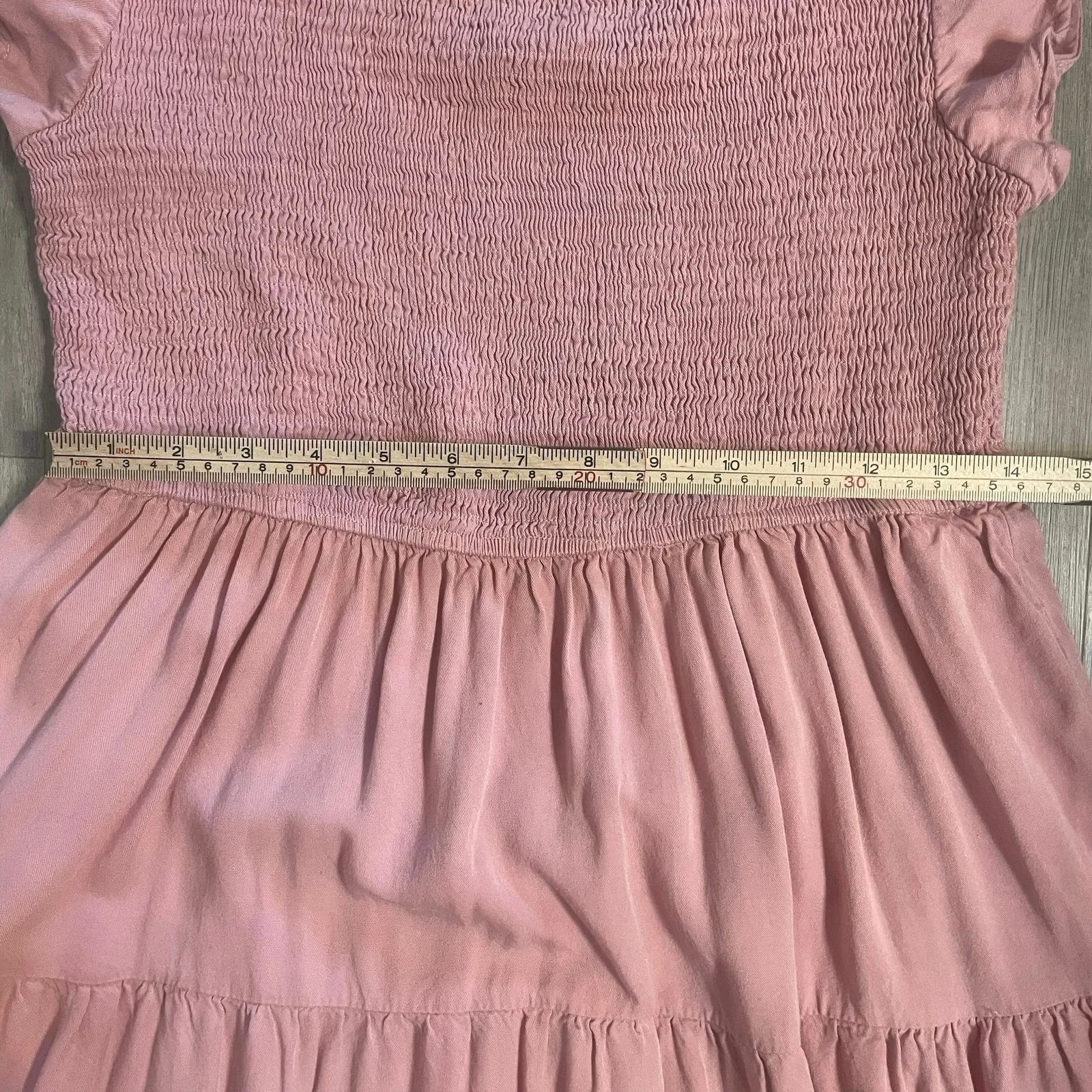 MEROKEETY FLUTTER SLEEVE V NECK SMOCKED TIERED MIDI DRESS SIZE L - Image 6